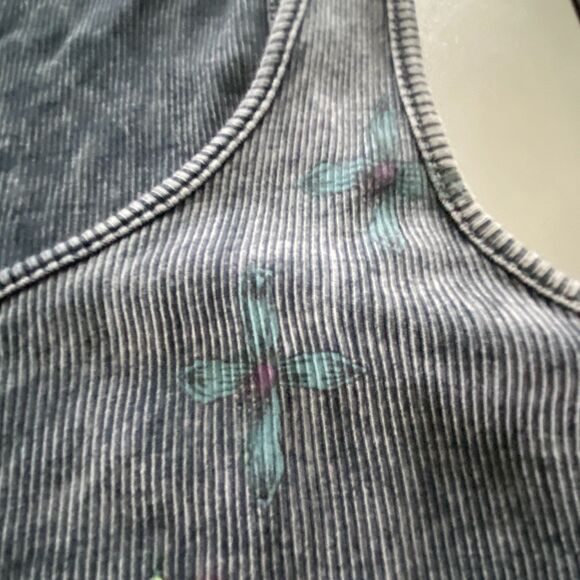 Distressed/Washed Gray Rhinestone Fleur De Lis Grunge Tank Top, Sz S - Picture 6 of 11
